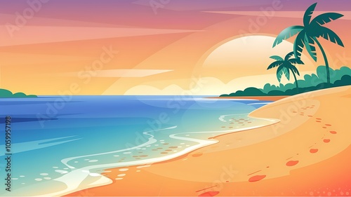 Sunset Over a Tropical Beach With Palm Trees