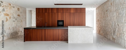 Modern kitchen design featuring sleek wood and stone finishes, creating a stylish and functional space perfect for cooking and entertaining.