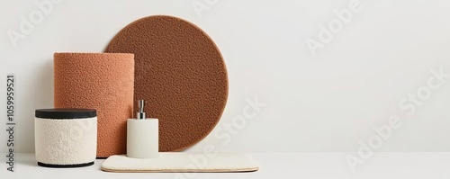 Minimalistic home decor featuring a round cork piece, a cylindrical container, and a neutral-colored platform on a white background. photo