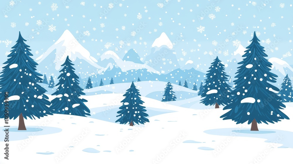Obraz premium A serene winter landscape featuring snow-covered mountains and evergreen trees under a snowy sky.