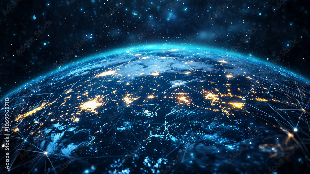 Obraz premium stunning view of Earth from space, showcasing glowing cities and interconnected networks. vibrant blue and bright lights create sense of futuristic global market