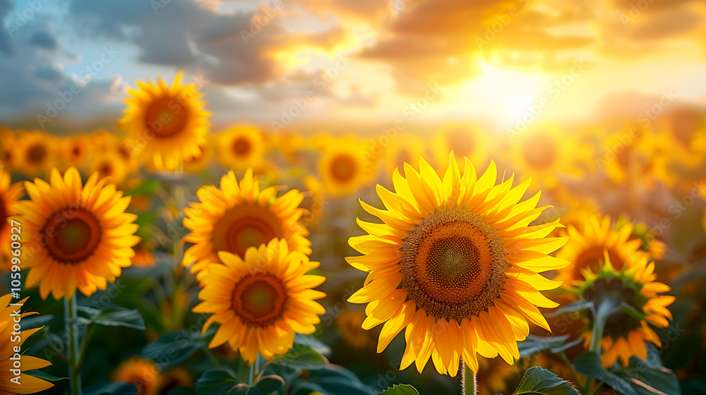 Fototapeta premium Vibrant Sunflower Field at Sunset
