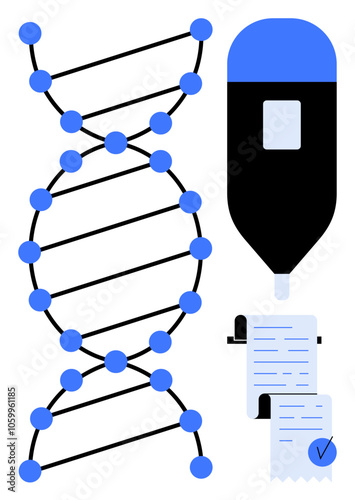 Simplified graphic of a DNA helix, medical syringe, and paperwork. Ideal for genetic research, medical studies, healthcare documentation, laboratory work, science education. Clean, modern, minimal