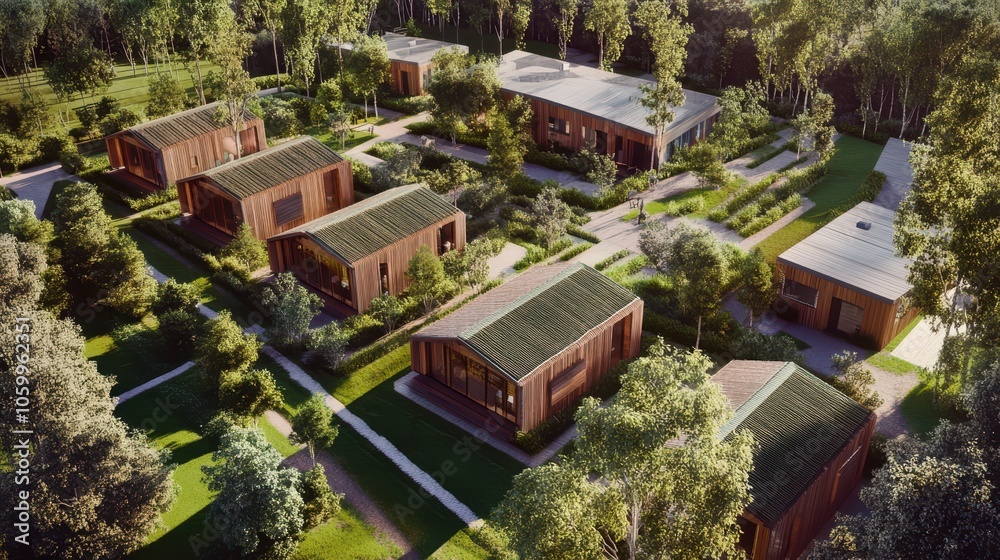Fototapeta premium Aerial view of modern, eco-friendly cabins surrounded by lush greenery, offering a serene retreat in nature.