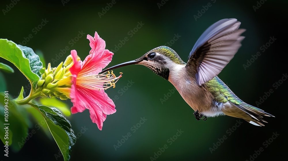 Fototapeta premium a hummingbird feeding on the nectar of a flower. The hummingbird, with its slender, elongated beak, is positioned perfectly to extract nectar from a bright pink flower.