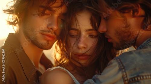 Young Woman Between Two Men in Dramatic Lighting Passion, Romance, and Intensity