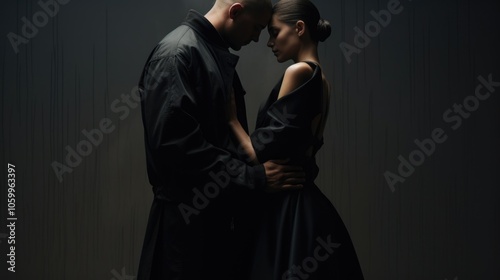 Elegant Couple Intimately Posing in Dim Lighting with Fashionable Black Attire