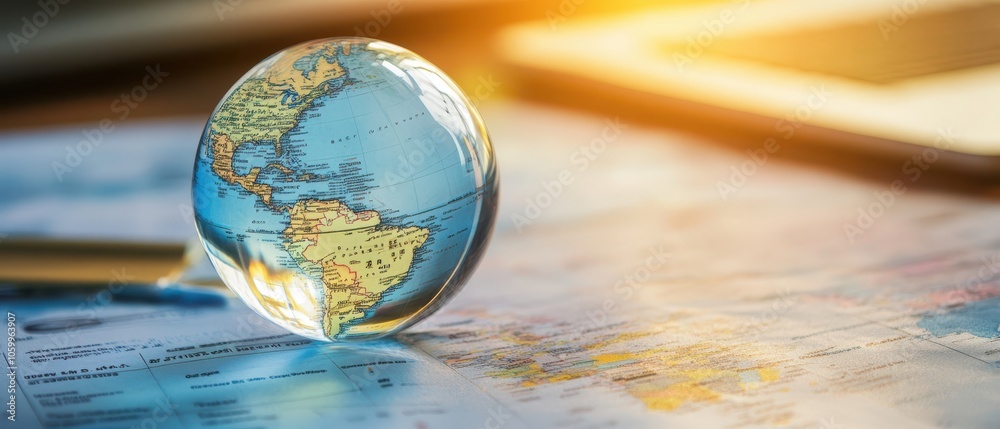 A globe placed on a map, symbolizing exploration and geography, with a warm light in the background enhancing the thematic depth.