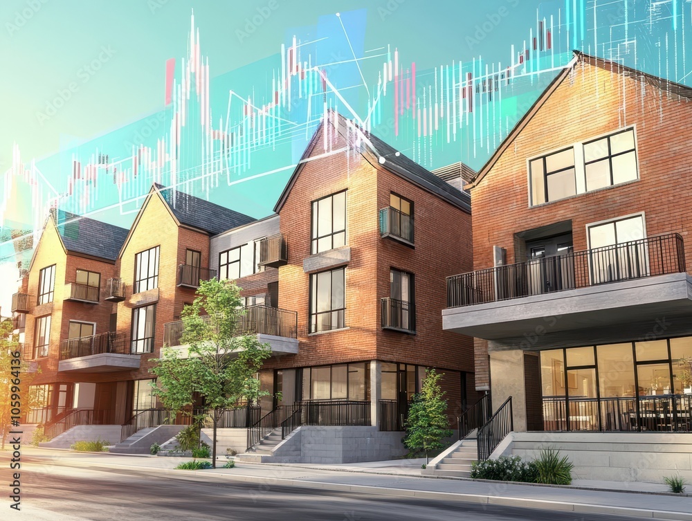 Fototapeta premium A modern residential area featuring multiple stylish homes, complemented by a skyline chart indicating real estate trends.
