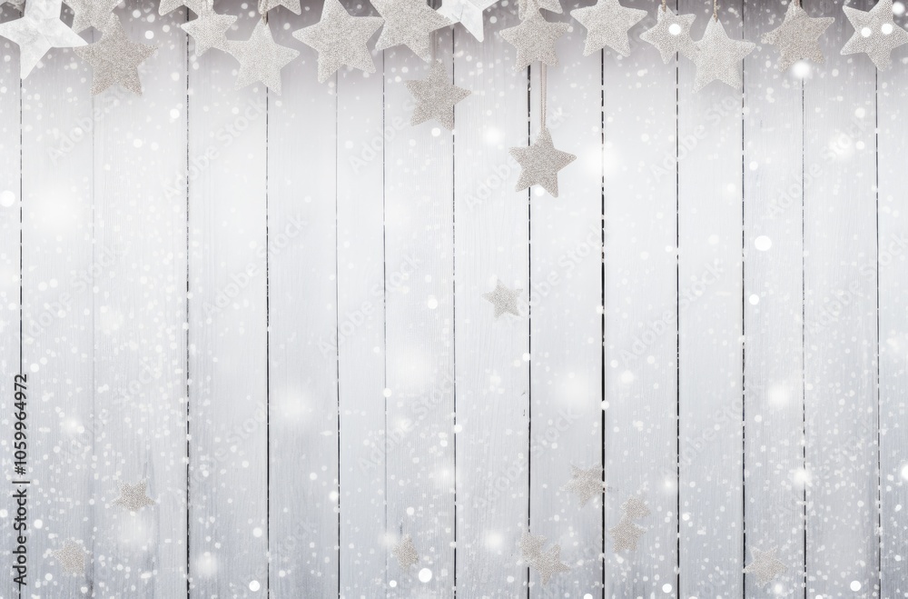 Fototapeta premium Festive White Christmas Decorations on Rustic Wooden Background with Snowflakes and Stars