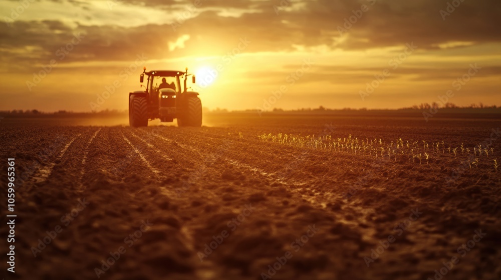 Fototapeta premium Tractor Sunset Field.