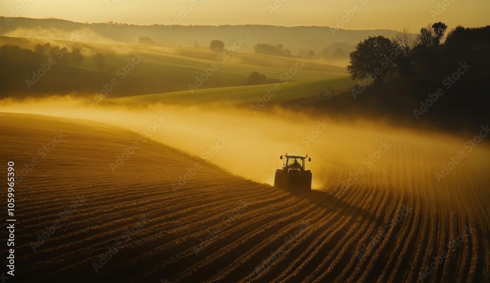 Fototapeta premium Tractor in Field at Sunset.