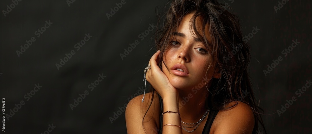 Naklejka premium Woman with blonde hair posing against a black background