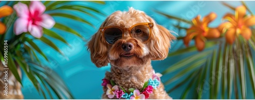 Stylish dog wearing sunglasses and a wreath of flowers around his neck. photo