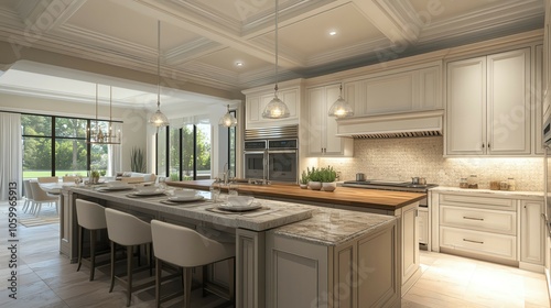 Luxurious contemporary kitchen interior with elegant island seating, modern classic kitchen design with ample natural light and wooden accents, spacious gourmet kitchen with marble counters.
