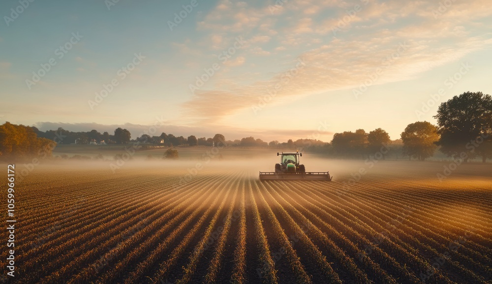 Fototapeta premium Tractor in Field at Sunrise.