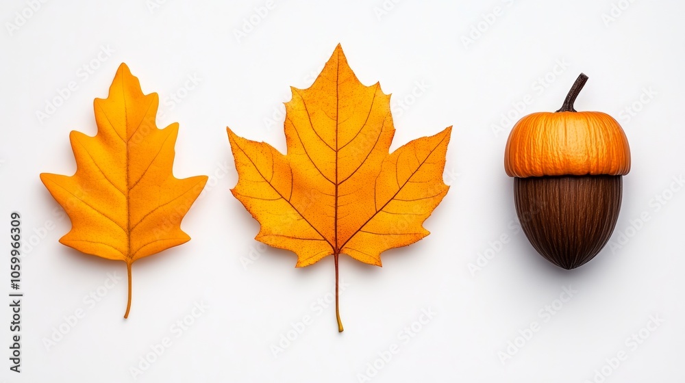 Autumn Leaves and Acorn Isolated on White Background Fall Nature Photography Autumn Leaves and Acorn Isolated on White Background Fall Nature Photography