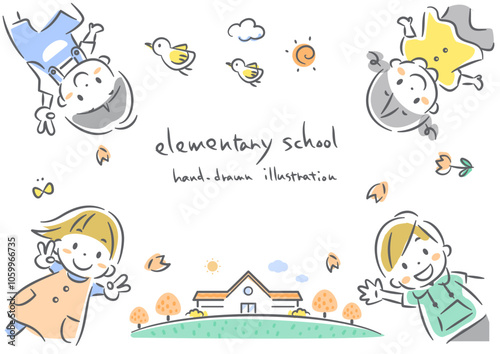 楽しい小学校のフレーム風イラスト　カラフルでかわいい線画イラスト