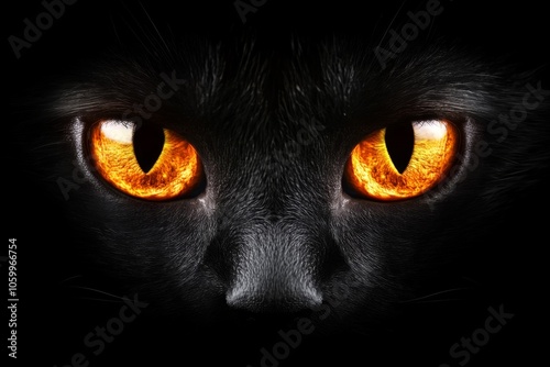 Black cat with piercing yellow eyes staring intensely, capturing the quiet, unsettling beauty and suspicion associated with evil myths, symbolizing mystery and solitude photo