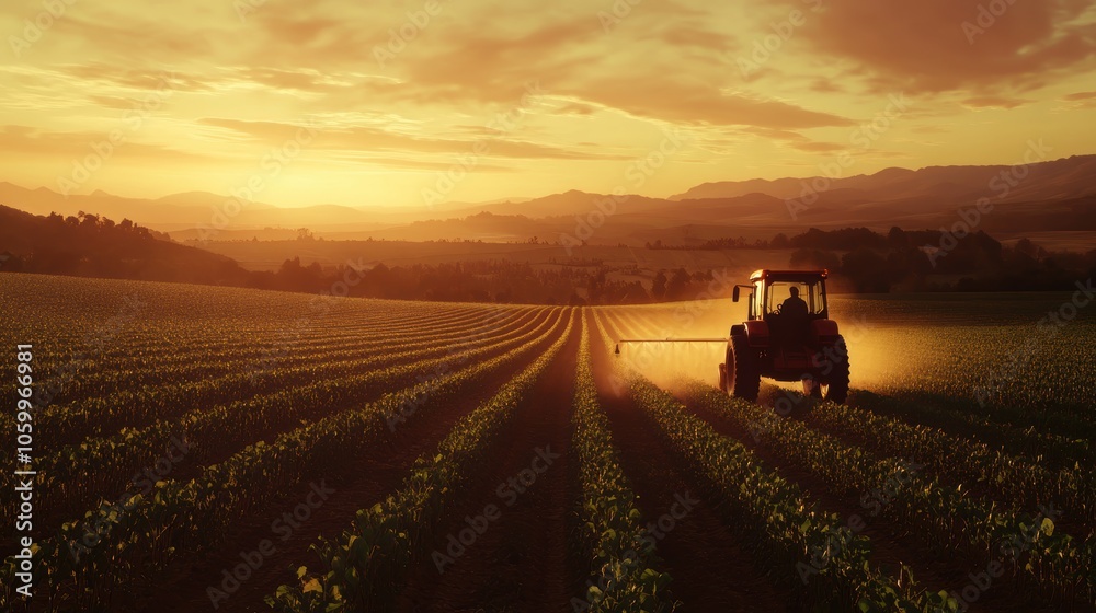 Fototapeta premium Tractor Sunset Field.