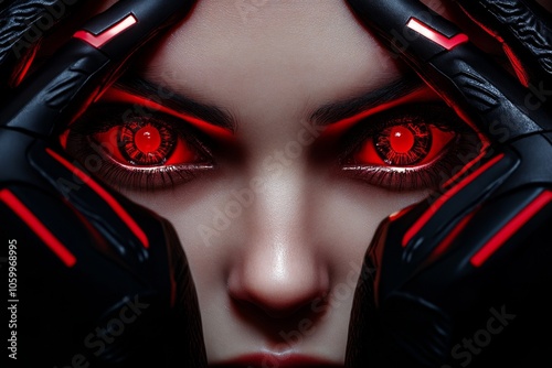 Digital face with distorted features and glowing red eyes, exuding a sense of malevolence and technological horror, symbolizing intensity and mystery