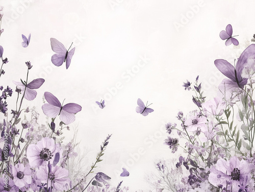 Soft Purple Butterflies and Wildflowers on Light Background.