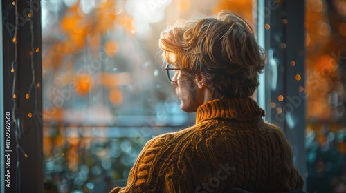 Thoughtful Young Man in Cozy Sweater Gazing through Autumn Window photo