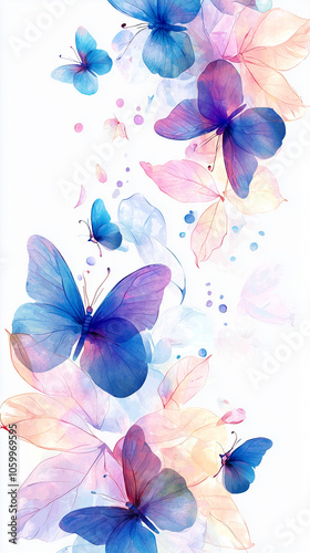 Transparent Blue and Pink Butterflies with Pastel Leaves in Watercolor.