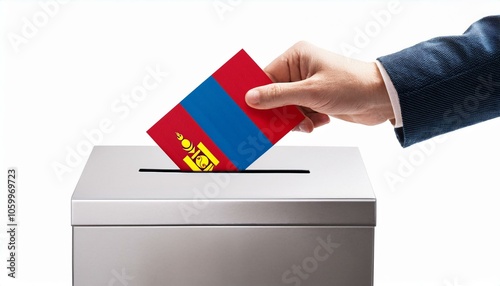 モンゴルの国旗の投票用紙を投票する手と投票箱。選挙。(Hand and ballot box voting a ballot paper with the Mongolia flag on it. election.)
 photo