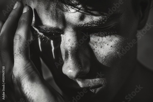 Dramatic Black and White Portrait of Pensive Man with Hand on Face in Intense Lighting photo