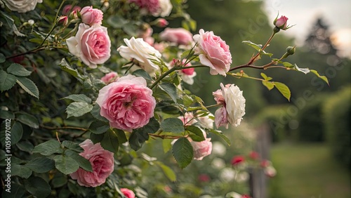 Stunning Tilt-Shift Photography of Asymmetrical Blooming Climbing Rose Shrub, Rosarium Uetersen, Vibrant Floral Display, Garden Beauty, Nature's Artistry, Colorful Petals, Floral Arrangement photo