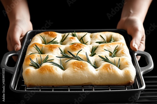 Focaccia bread with rosemary and olive oil, golden and fresh out of the oven, capturing the rustic and savory appeal of baked flatbreads, symbolizing heartiness and warmth