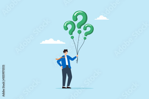 Flat illustration of doubtful businessman hold question mark balloon finding and searching solution answer and solving problem