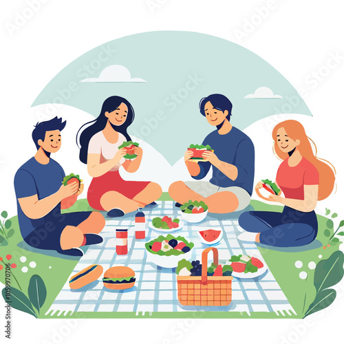 cartoon of people picnicking in a park enjoying various healthy foods