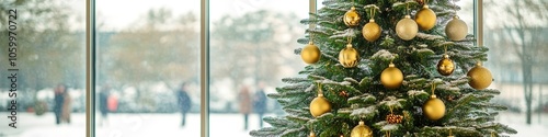 Christmas tree indoors with golden decorations, snowy view outsi photo