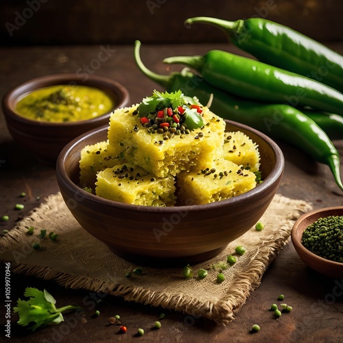 spongy dhokla topped with mustard seeds and green chilies, served with a bowl of green chutney,traditional Indian breakfast.