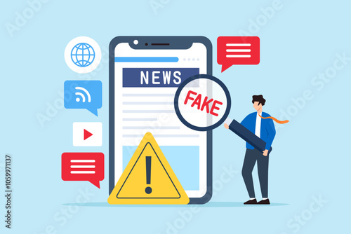 Flat illustration of man use magnifying glass to investigate social media fake news on phone screen with warning sign misinformation false information hoax cheating scam website
