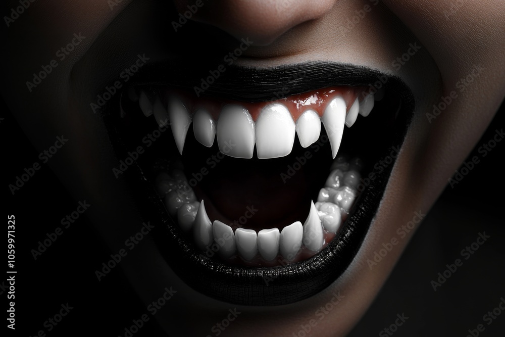 Naklejka premium Hyper-realistic close-up of an evil smile with sharp teeth and dark shadows, capturing the raw, intense expression of malevolence, symbolizing fear and detail
