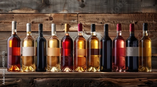 Row of wine bottles on wooden table