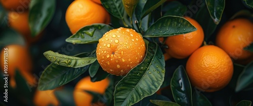 Fresh Oranges on Tree with Dew Drops  CloseUp of Juicy Citrus Fruits in Natural Garden Setting photo