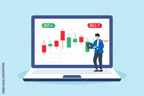 Flat illustration of businessman investor trading cryptocurrency on stock exchange with buy and sell button on laptop screen investing technical analysis