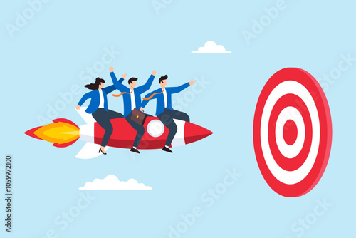 Flat illustration of business people ride rocket to hit target bullseye reaching goal achievement teamwork strategy aspiration win together leadership lead team