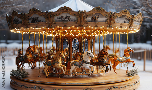 Tapety artystyczne Vintage Style Christmas Musical Carousel with Mirror Mosaics on White Background