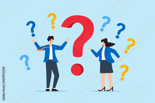 Flat illustration of businessman and businesswoman stand surrounded confused question mark doubt complexity complicated problem misunderstanding trouble