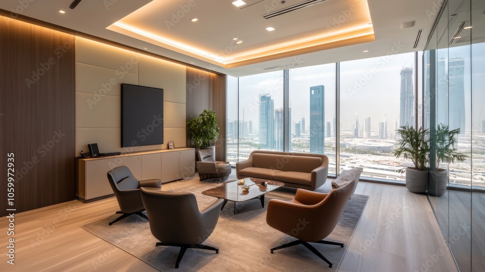 Fototapeta premium Interior of a hotel lobby, panoramic view of the city.