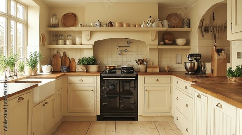 A warm, country-style kitchen with cream-colored cabinets, wooden countertops, and a large Aga stove.
