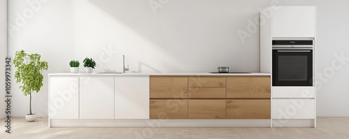 Modern kitchen interior featuring sleek cabinets, a stylish oven, and potted plants, ideal for cooking and dining in a contemporary home.