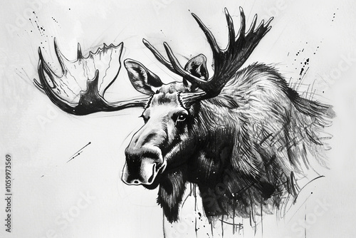 Moose portrait ink sketch on white background. Wild forest animal vintage illustration photo