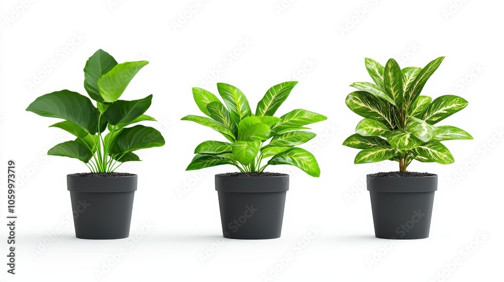 Fototapeta premium Variety of Realistic Greenhouse Plants in Small Pots Isolated on White Background