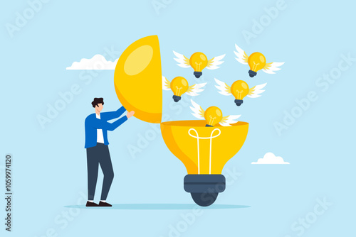 Flat illustration of man open lightbulb to develop and generate new flying idea generation creativity innovation inspire invention knowledge imagination wisdom solution
